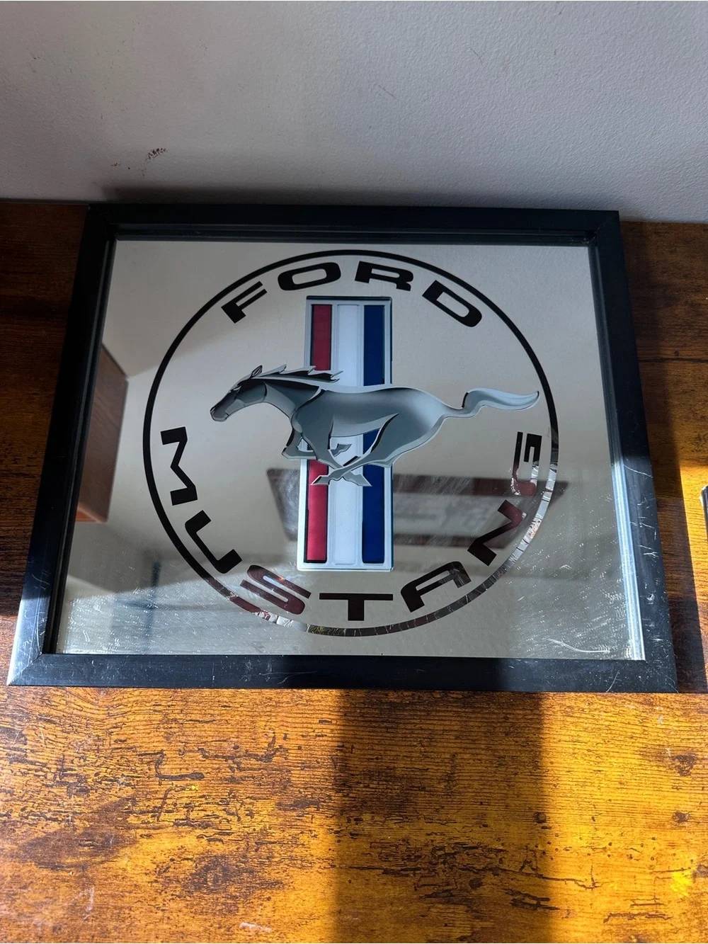 Set of 2 Vtg Ford Mustang Framed Bar Mirrors Tri-Bar Pony Sign Man Cave Garage